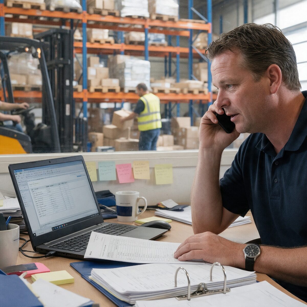 Operationeel manager van een groothandel belt aan zijn bureau, met door het raam het magazijn waar collega's orders verwerken