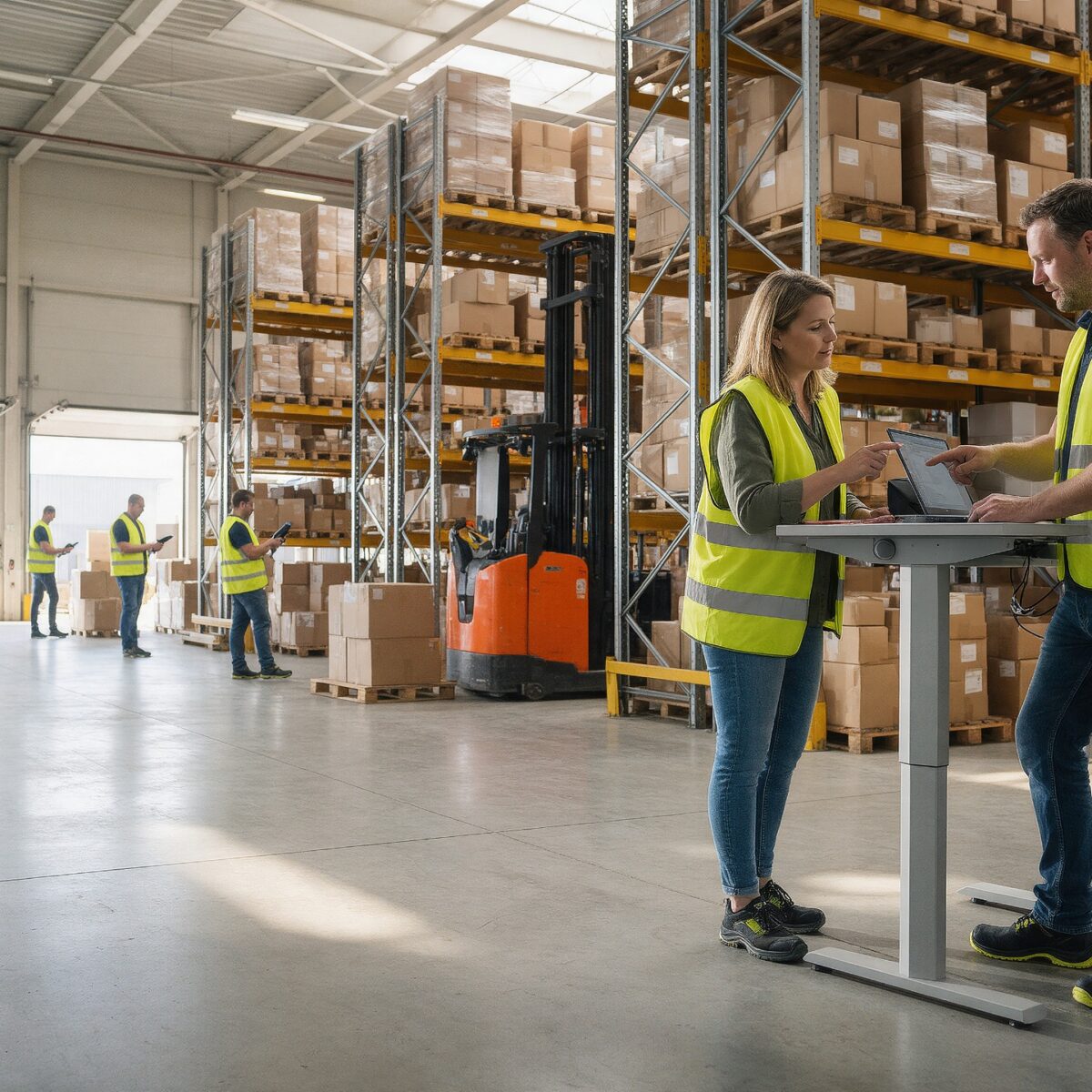 Medewerker administratie en teamleider magazijn overleggen aan een sta-bureau in het magazijn van een groothandel
